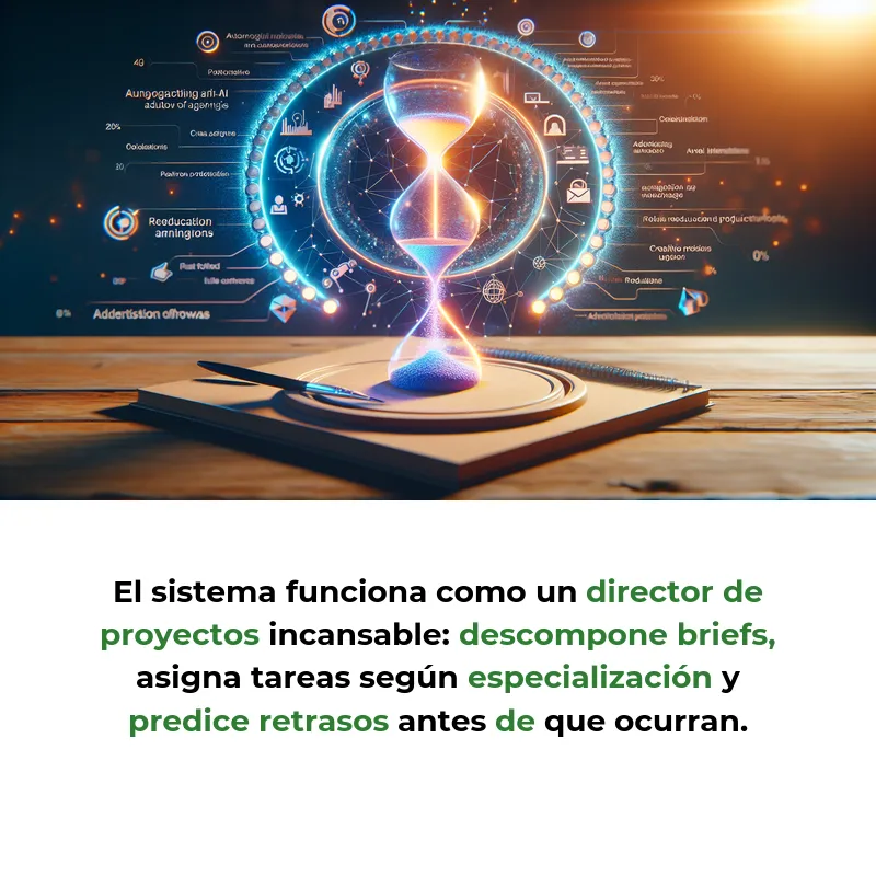 Idea de AI Agent: Asistente Autónomo para Gestión de Proyectos Creativos en Agencias - Un sistema multi-agente que automatiza workflows publicitarios y reduce tiempos de producción hasta un 50% - Carousel Image