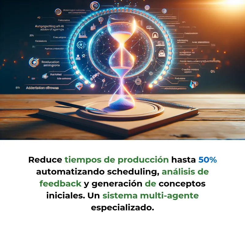 Idea de AI Agent: Asistente Autónomo para Gestión de Proyectos Creativos en Agencias - Un sistema multi-agente que automatiza workflows publicitarios y reduce tiempos de producción hasta un 50% - Carousel Image