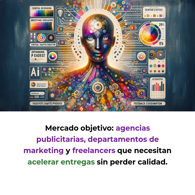 Idea de AI Agent: Director Creativo Virtual para Equipos de Diseño - Un agente IA que automatiza iteraciones creativas y coordina feedback en proyectos de diseño y marketing - Carousel Image