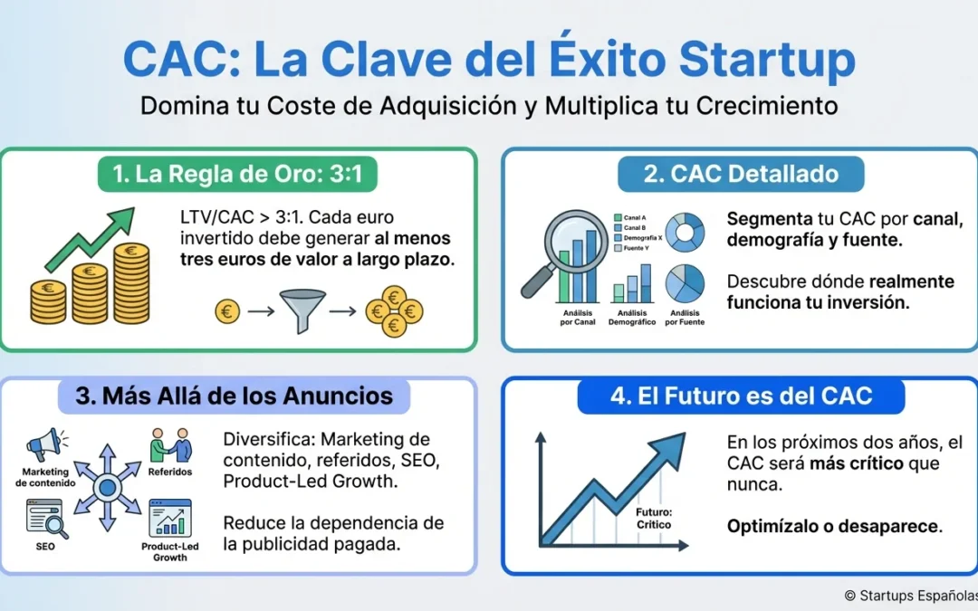 CAC: La métrica que separa startups exitosas de quemadores de capital - CAC, coste adquisición clientes, métricas startup, LTV/CAC ratio, customer acquisition cost, growth startup, marketing eficiente