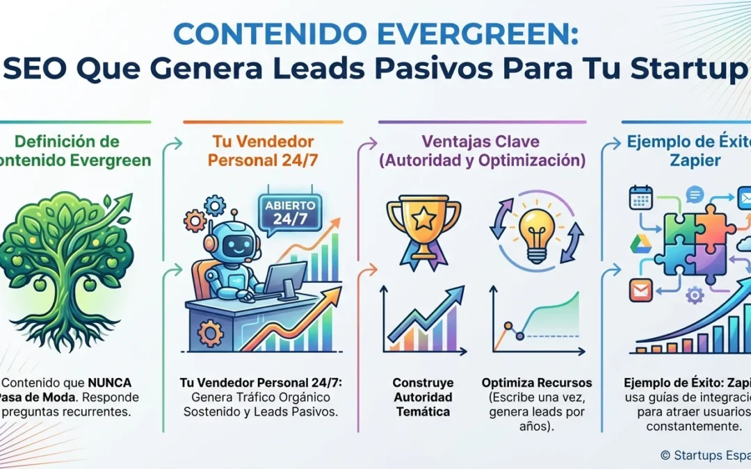 Contenido Evergreen: La Estrategia SEO que Genera Leads Pasivos para Startups - contenido evergreen, SEO evergreen, marketing de contenidos startups, tráfico orgánico sostenido, leads pasivos, autoridad temática, posicionamiento Google
