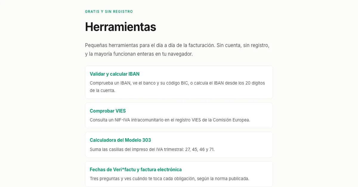 Página de herramientas gratuitas de contix: IBAN, VIES, Modelo 303 y fechas de Veri*factu