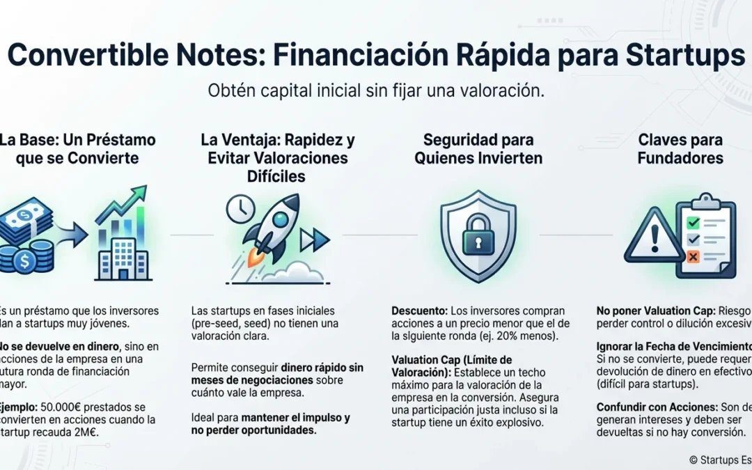 Qué son las Convertible Notes: financiación rápida para startups sin valoración fija - convertible note, nota convertible, financiación startup, pre-seed, seed funding, valuation cap, descuento inversor, SAFE vs convertible note