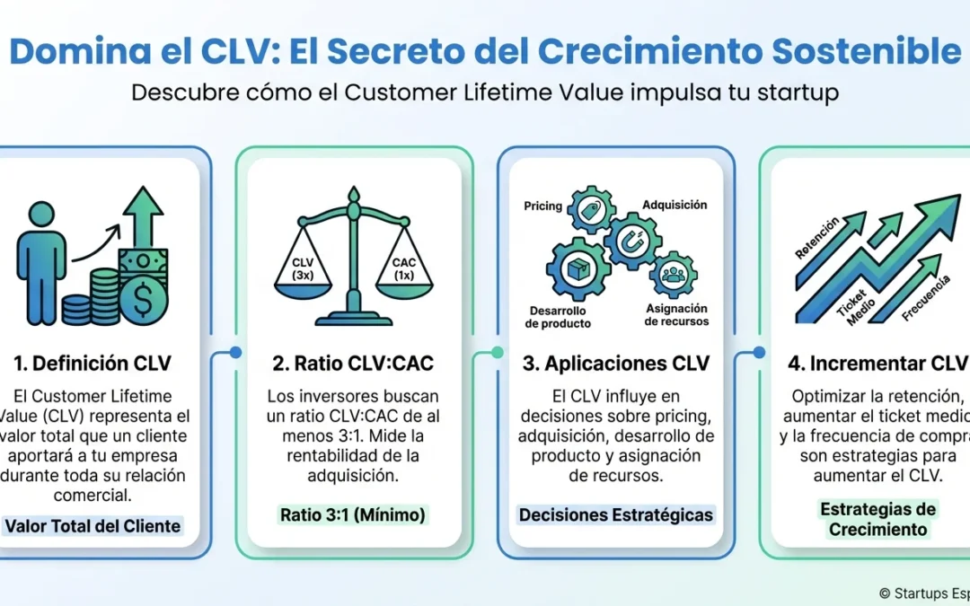 Customer Lifetime Value (CLV): Qué es y cómo calcularlo en tu startup - customer lifetime value, CLV, valor de vida del cliente, CAC, coste adquisición cliente, ratio CLV CAC, métricas startup, retención clientes, economía unitaria, modelo negocio sostenible