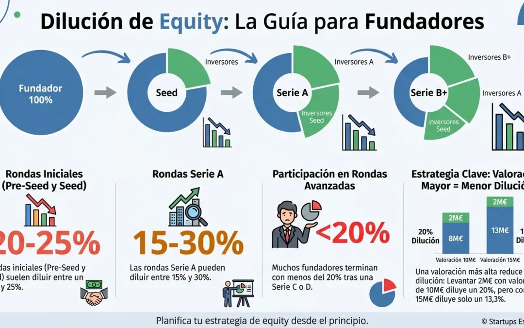 Dilución de Equity en Startups: Cómo Funciona y Estrategias de Protección - dilución equity, dilución accionaria startup, rondas financiación, participación fundadores, control startup, SAFE caps, valoración pre-money, equity pool empleados, cláusulas anti-dilución, financiación no dilutiva