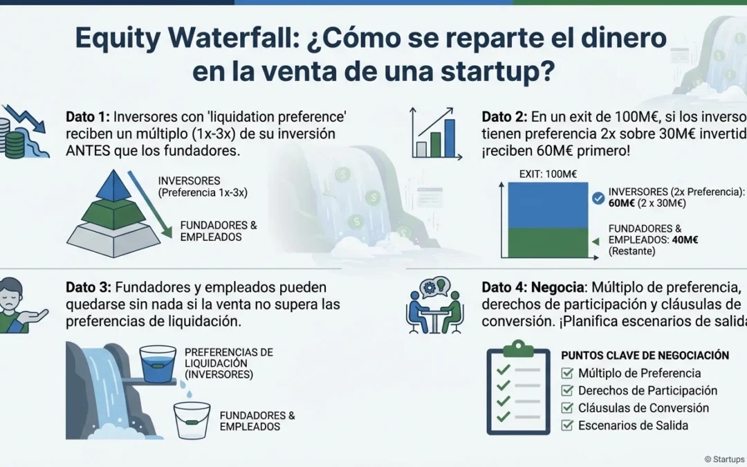 Equity Waterfall: Cómo Se Distribuye el Dinero en Exits de Startups - equity waterfall, preferencias liquidación, distribución dinero startup, exits startup, venture capital, stock options, liquidation preference