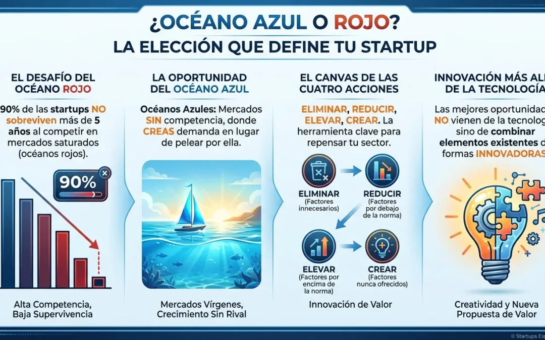 Por qué la Estrategia del Océano Azul es la diferencia entre el éxito y el fracaso de tu startup - océano azul, océano rojo, estrategia startup, innovación valor, competencia irrelevante, Canvas Cuatro Acciones, creación mercado, diferenciación radical