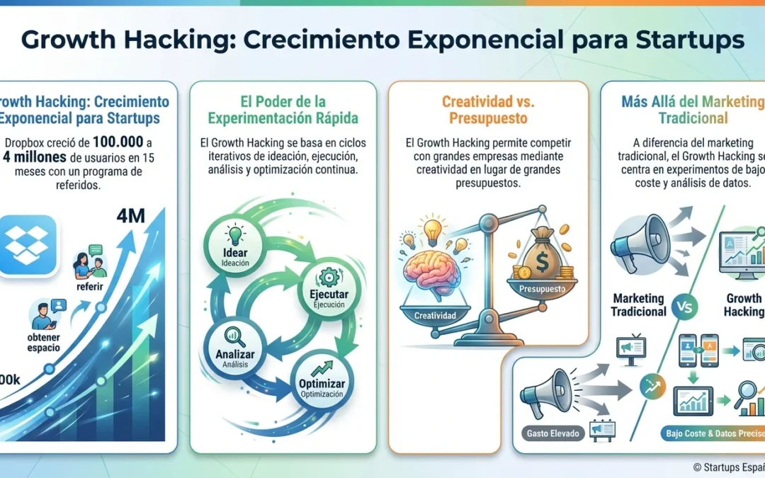 Growth Hacking: Metodología de Crecimiento para Startups con Recursos Limitados - growth hacking, crecimiento startups, marketing bajo presupuesto, experimentación digital, adquisición usuarios, pruebas A/B, viralidad, programas referidos, optimización conversión