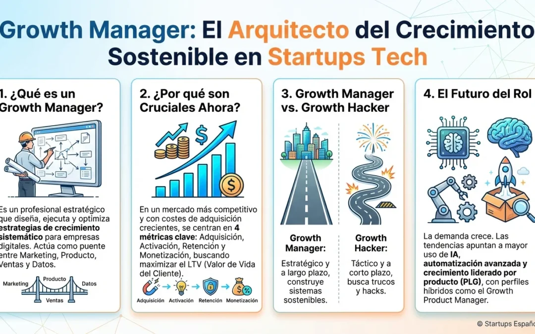 Growth Manager: El arquitecto del crecimiento sostenible en startups tech - Growth Manager, crecimiento sostenible, startups tech, retención clientes, LTV, Growth Hacker diferencias, marketing digital, automatización