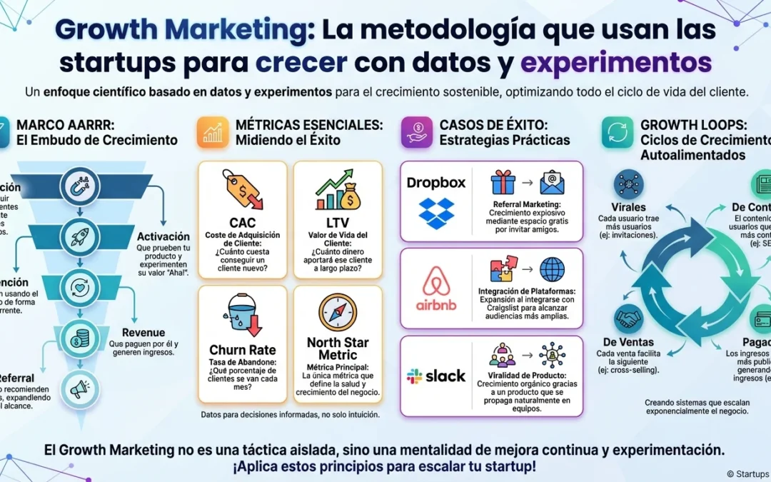 Growth Marketing: La metodología que usan las startups para crecer con datos y experimentos - growth marketing, metodología crecimiento startups, experimentación datos, AARRR framework, CAC LTV métricas, growth loops, marketing sostenible
