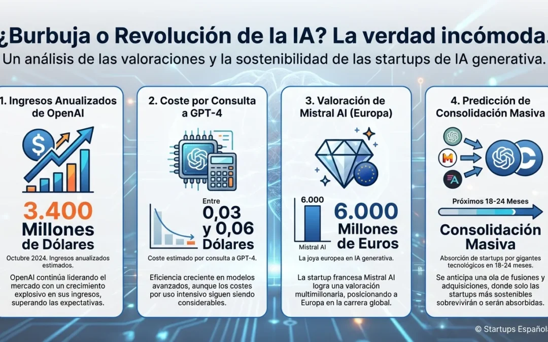 ¿Burbuja o revolución? La verdad incómoda sobre las valoraciones de IA generativa - valoraciones IA, OpenAI financiación, startups inteligencia artificial, burbuja IA generativa, Anthropic valoración, Mistral AI, Character.AI adquisición, sostenibilidad económica IA