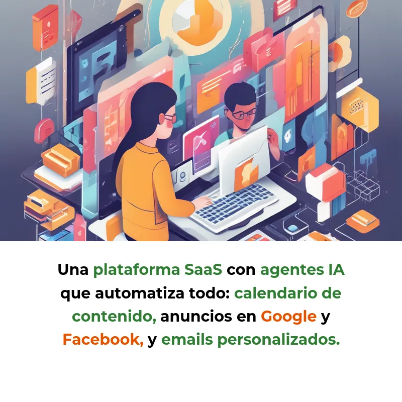 Idea SaaS: Robots que Crean Campañas de Marketing Completas en Minutos - Una plataforma con agentes IA especializados que automatiza desde calendarios de contenido hasta anuncios y emails personalizados - Carousel Image