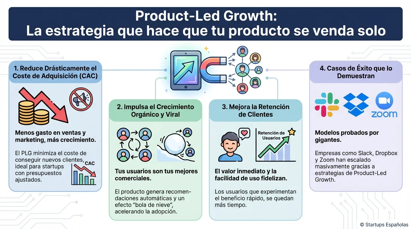 Product-Led Growth es cuando el producto actúa como motor de crecimiento, reduciendo costos y acelerando la expansión orgánica sin equipos de ventas masivos.