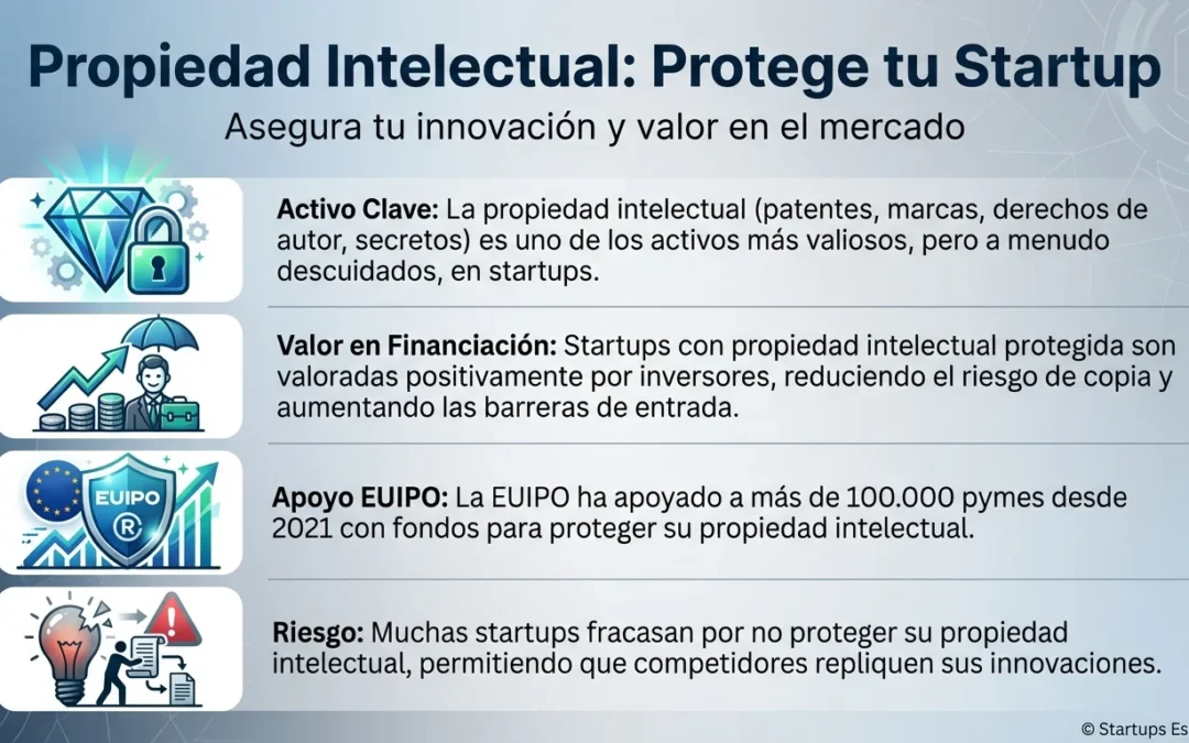Propiedad Intelectual en Startups: Protección de la Innovación - propiedad intelectual startups, patentes innovación, protección PI empresas, marcas comerciales, derechos autor, secretos industriales, EUIPO pymes, valoración startups, licenciamiento tecnología