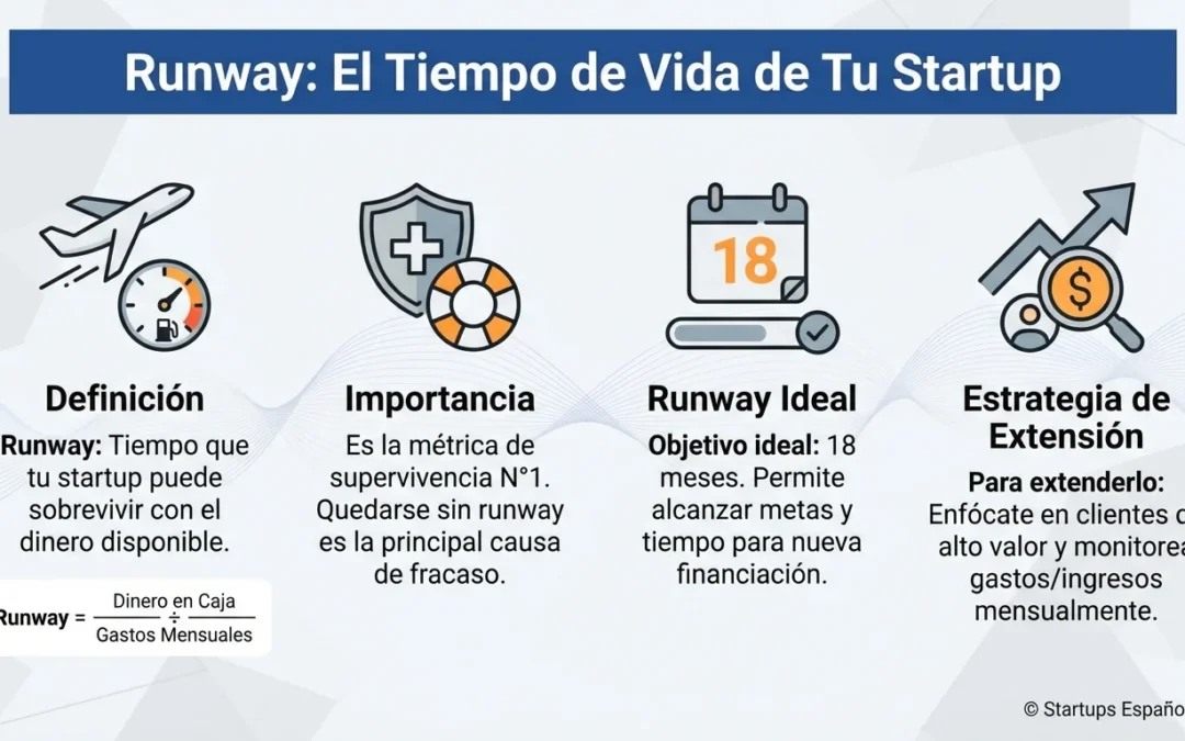 Runway: Qué es y por qué determina si tu startup vive o muere - runway startup, burn rate, financiación startup, métricas financieras, cash flow, supervivencia empresarial, emprendimiento