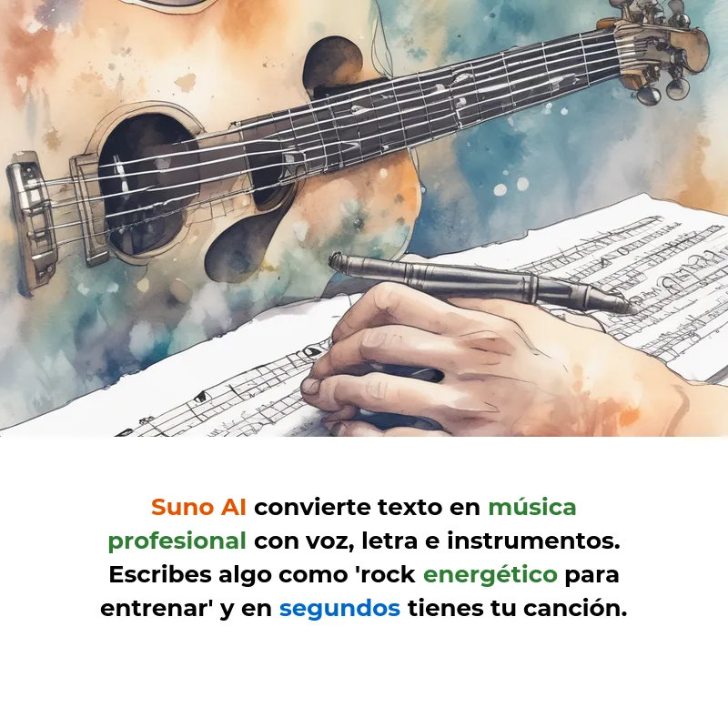Suno AI: Crea canciones completas con solo escribir una frase - La plataforma que convierte texto en música profesional en menos de un minuto, sin necesidad de saber tocar ningún instrumento - Carousel Image