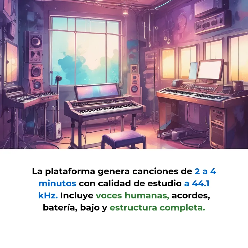 Suno AI: Crea canciones completas con solo escribir una frase - La plataforma que convierte texto en música profesional en menos de un minuto, sin necesidad de saber tocar ningún instrumento - Carousel Image