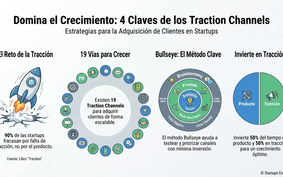 Traction Channels: El Framework de 19 Canales para Adquisición de Clientes en Startups - traction channels, canales de tracción, adquisición de clientes startup, proceso bullseye, growth framework, canales de crecimiento, Gabriel Weinberg, Justin Mares, metodología tracción, escalado startup